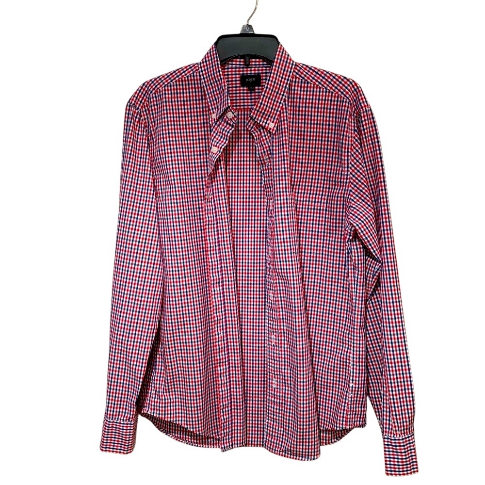 J. CREW. Red/White Checked, Long Sleeves Shirt.‎ Size L. 100% Cotton. Slim fit.